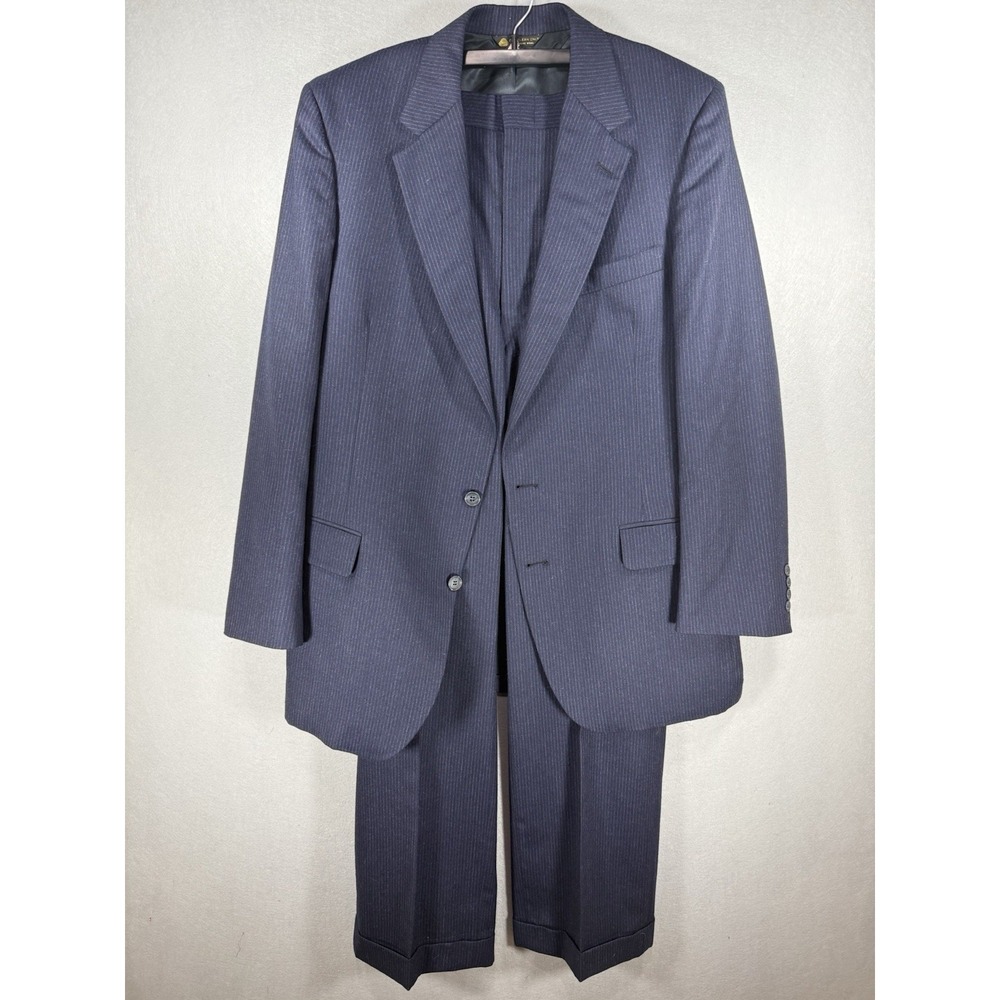 Vintage Mark Shale 100% New Wool Mens Suit Sz 40R 34x31 Navy Pinstripe Mob Boss